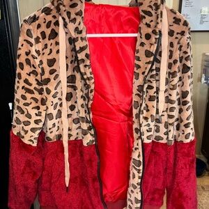 Leopard Print and Red Faux Fur Jacket